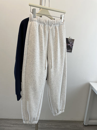 Autumn Winter Cotton Warm Elastic Waist Lace-Up Fleece-Lined Pants
