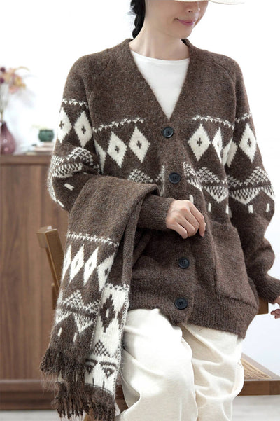 Winter Retro Coffee Jacquard Knitted V-Neck Thick Loose Sweater
