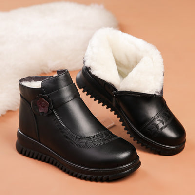 Babakud Women Winter Vintage Leather Flower Wool Short Boots
