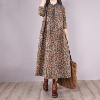 Winter Linen Shirt Collar Long Sleeves Floral Printed Cotton-In Dress