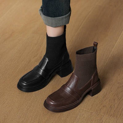Vintage Sheepskin Leather Casual Striped Socks Boots