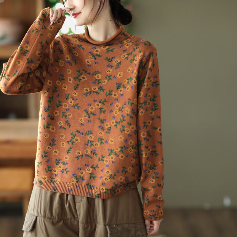 Women Winter Vintage Floral Knit Casual Pullover Sweater