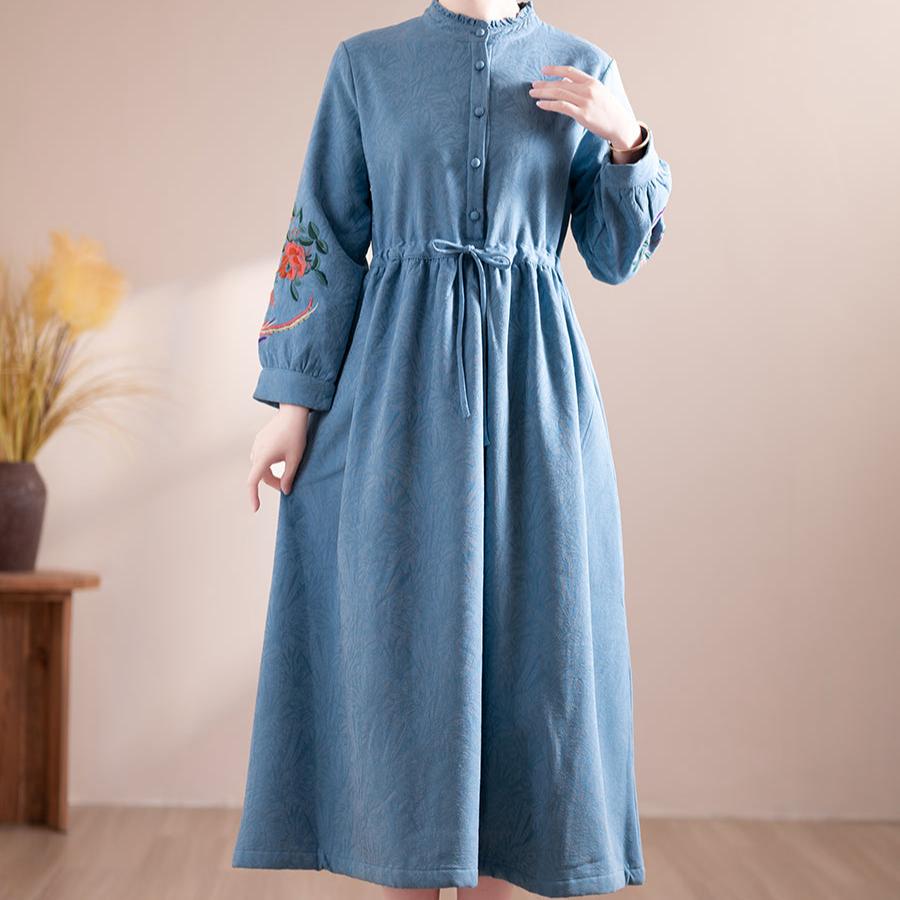 Women Winter Floral Embroidered Fleece-Lined Midi Dress – Babakud