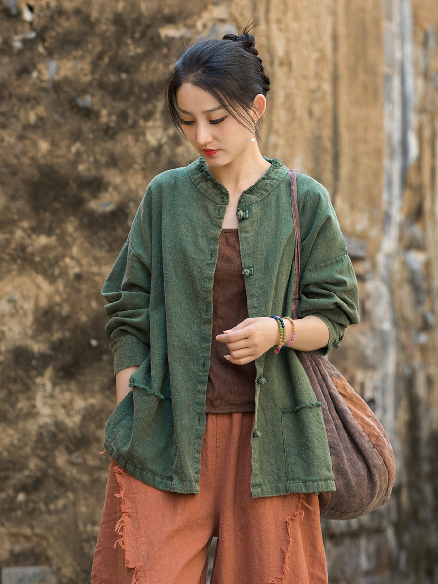 Autumn Ramie Round Neck Brushed Frog Button Casual Shirt