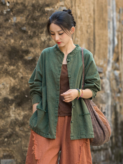 Autumn Ramie Round Neck Brushed Frog Button Casual Shirt