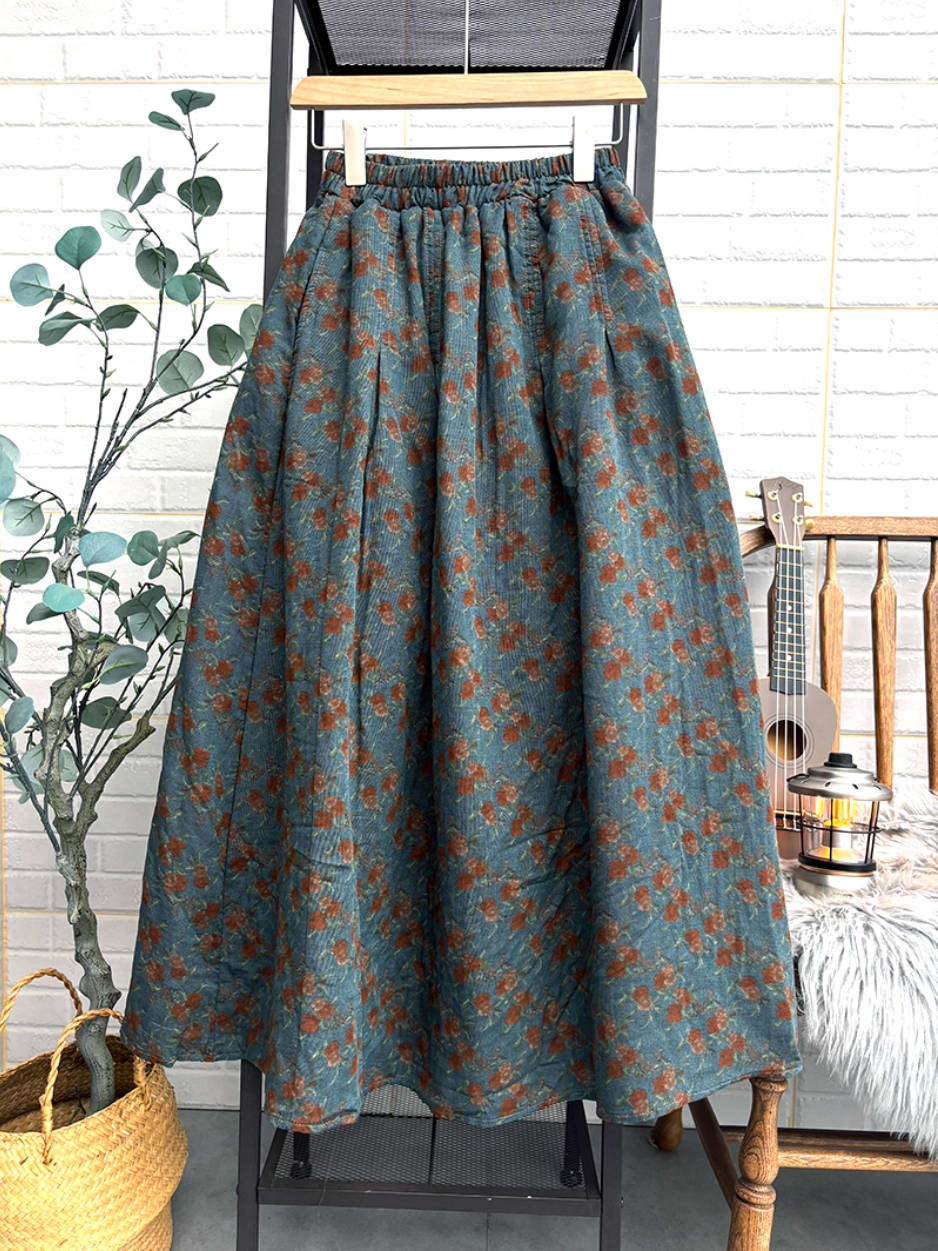 Vintage Cotton Retro Floral A-Line Loose Elastic Waist Thick Dress