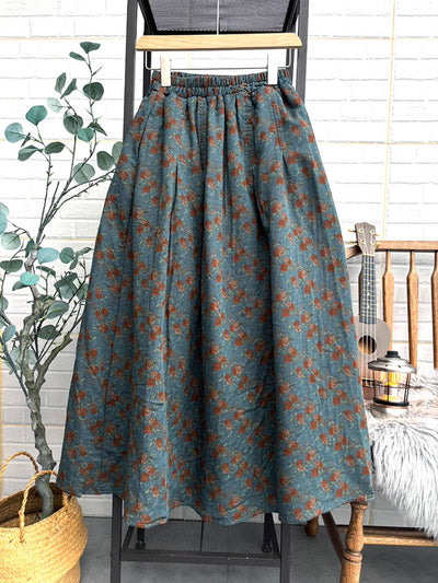 Vintage Cotton Retro Floral A-Line Loose Elastic Waist Thick Dress