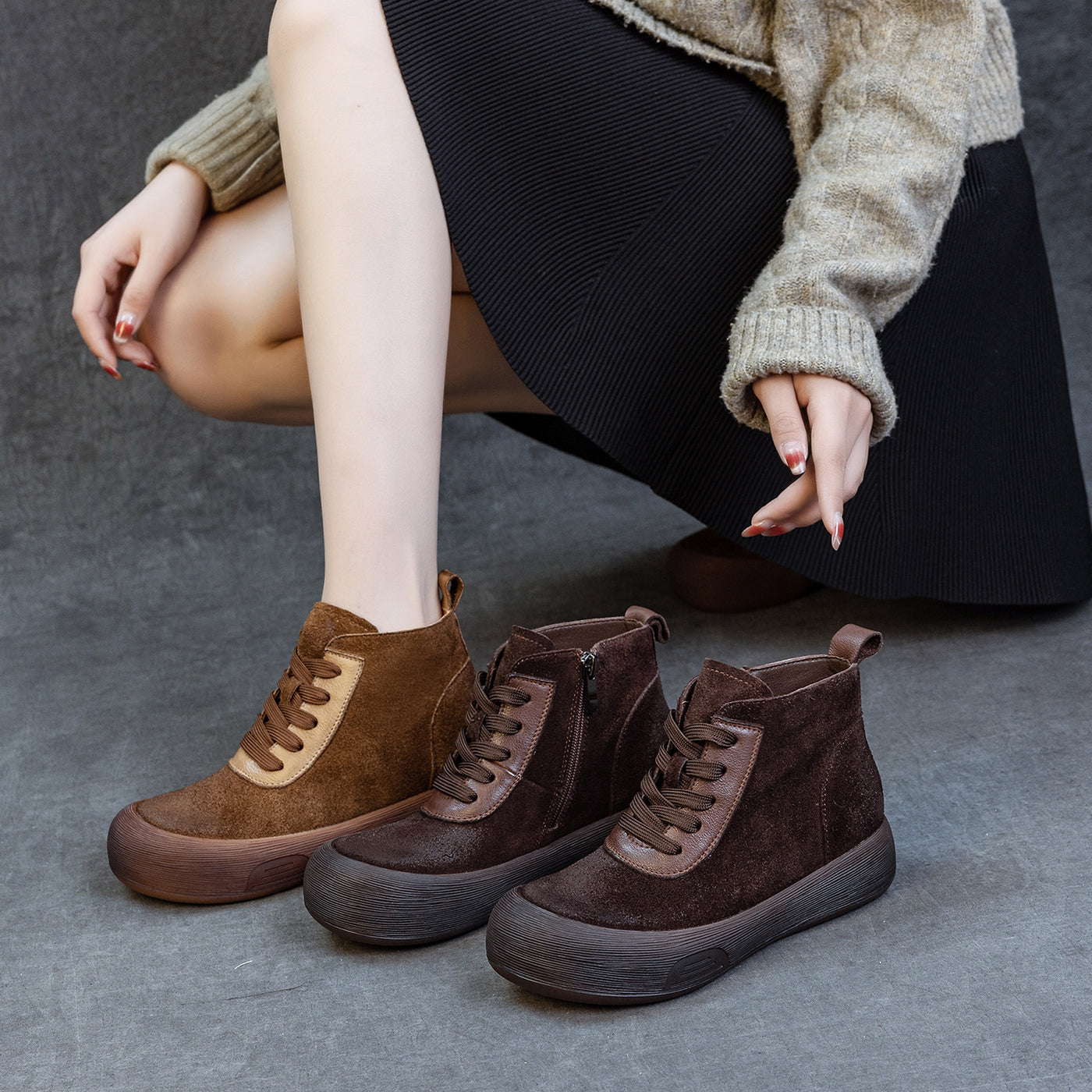 Winter Retro Leather Patchwork Soft Sole Round Toe Zipper Boots
