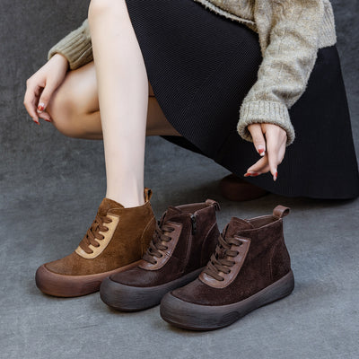 Winter Retro Leather Patchwork Soft Sole Round Toe Zipper Boots