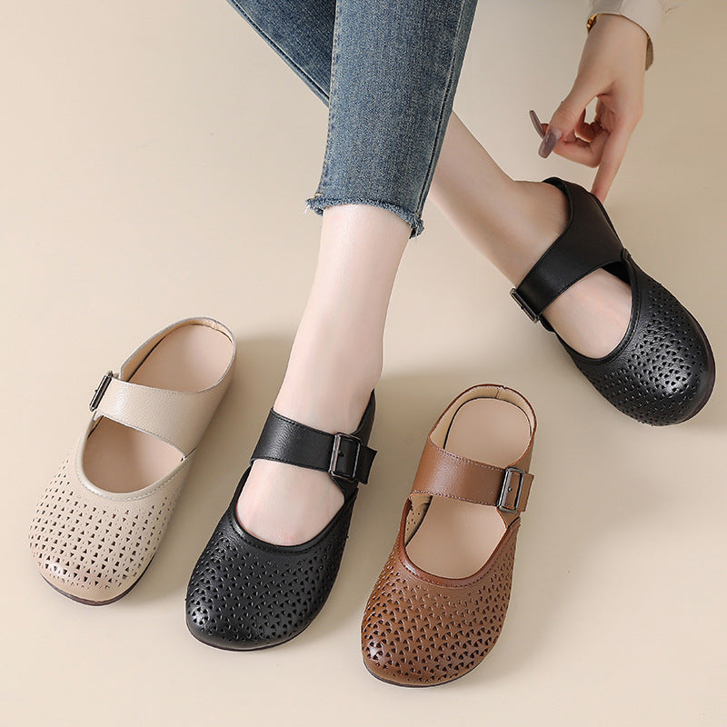 Retro Top Leather Round Toe Hollow One Straped Slip-On Shoes