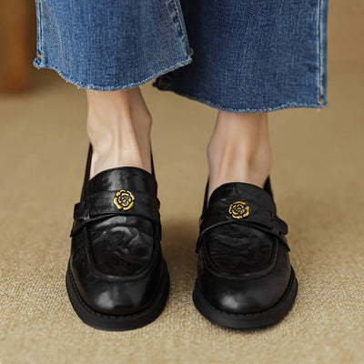 Vintage Sheepskin Leather Camellia Chunky Loafer Shoes