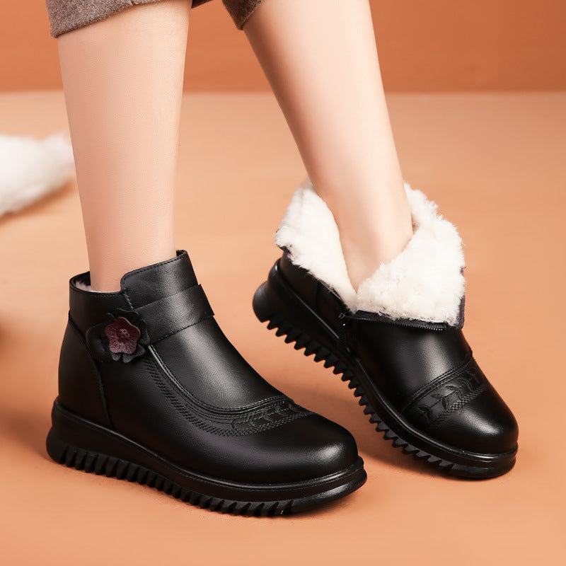 Babakud Women Winter Vintage Leather Flower Wool Short Boots
