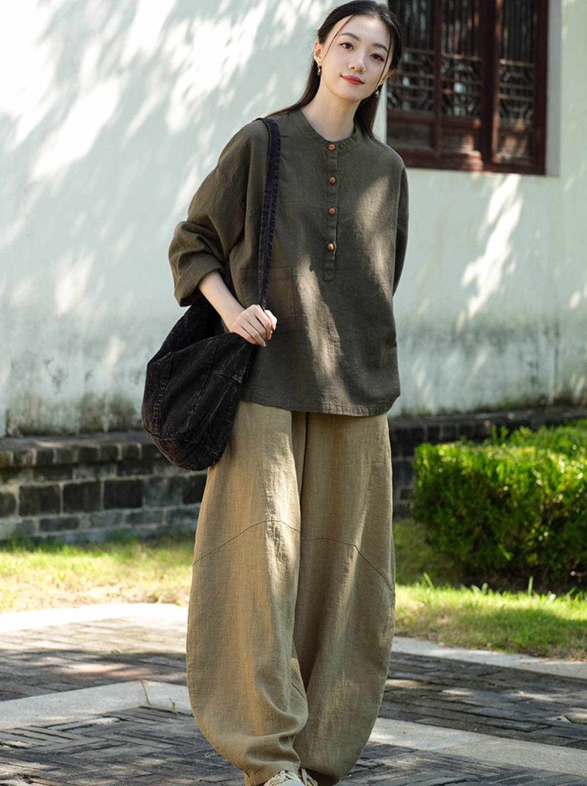 Retro Cotton Linen Round Neck Long Sleeves Loose Overshirt