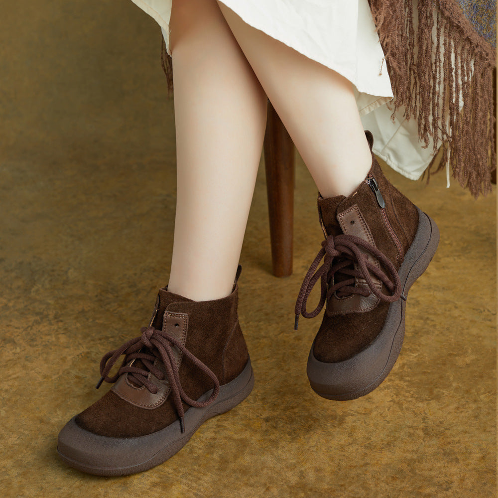 Winter Leather Sueded Soft Thick Sole Lace-Up Zipper Ankle Boots