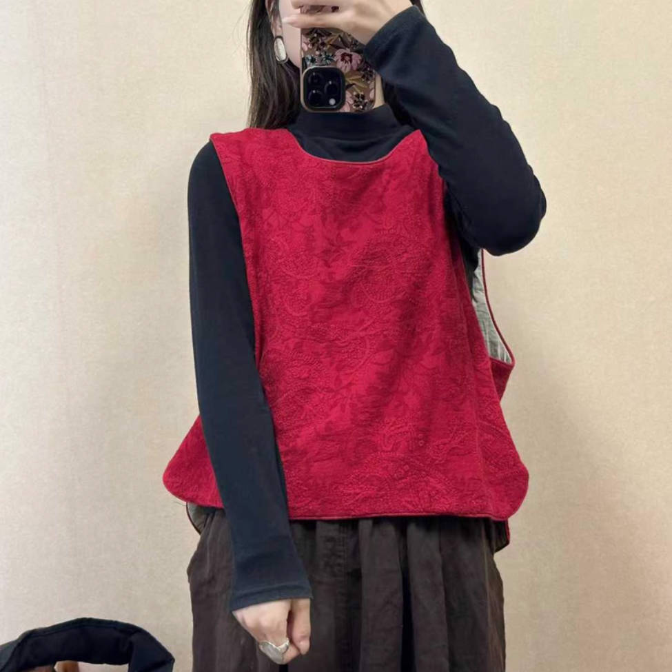 Autumn Retro Linen Embroidered Round Neck Vest