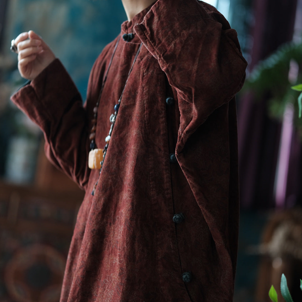 Retro Autumn Plus Size Cotton Stand Collar Red Long Dress