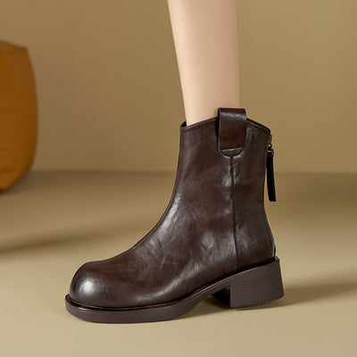 Vintage Top Leather Simple Chunky Casual Zipper Ankle Boots