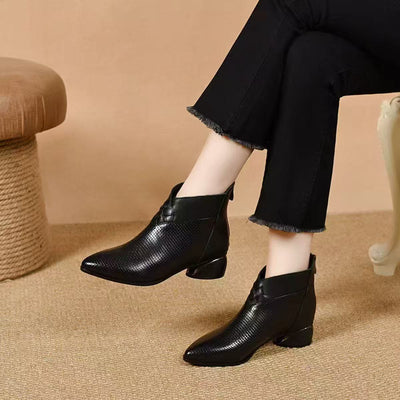 Top Leather Retro Pointed Toe Chunky Zipper Ankle Boots