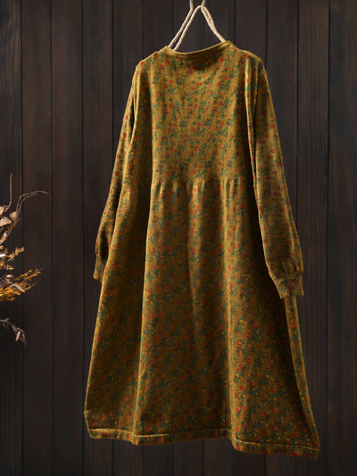 Retro Cotton Round Neck Floral Printed Loose Long Sleeves Dress