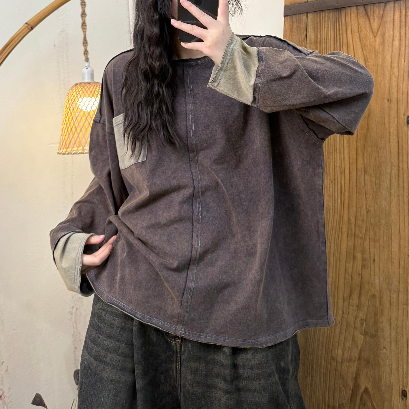 Women Spring Casual Vintage Knit Cotton Patchwork Top