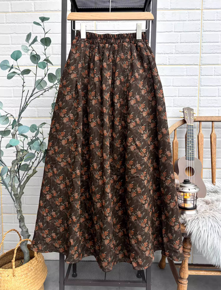 Vintage Cotton Retro Floral A-Line Loose Elastic Waist Thick Dress