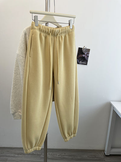 Autumn Winter Cotton Warm Elastic Waist Lace-Up Fleece-Lined Pants