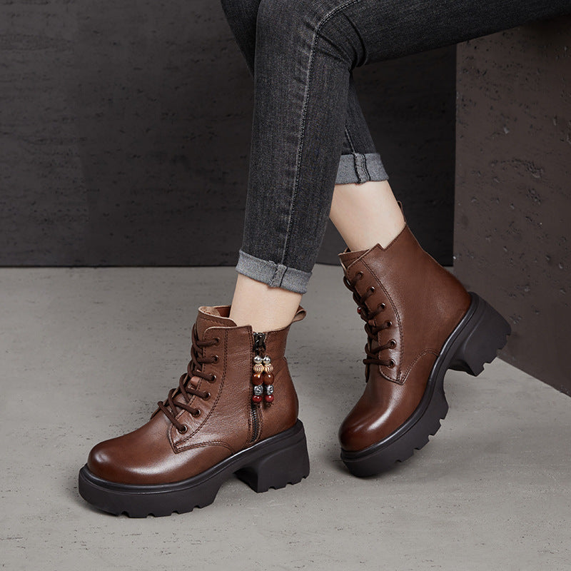 Genuine Leather Retro Platform Chunky Beading Zipper Boots