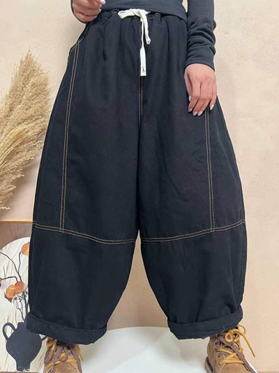 Winter Warm Cotton Thick Elastic Waist Lace-Up Loose Pants