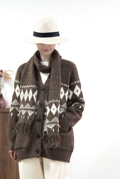 Winter Retro Coffee Jacquard Knitted V-Neck Thick Loose Sweater