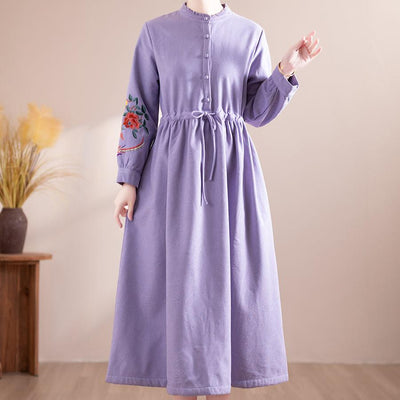 Women Winter Floral Embroidered Fleece-Lined Midi Dress