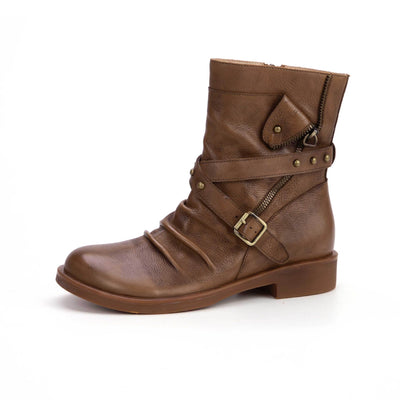 Leather Distressed Western Cowgirl Boots Belt Buckle Ankle Boots