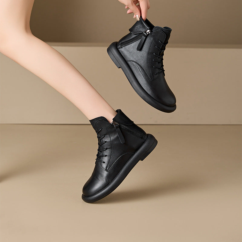 Soft Sole Top Leather Round Toe Zipper Casual Ankle Boots