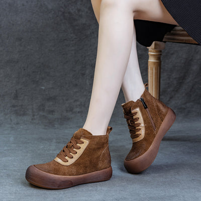 Winter Retro Leather Patchwork Soft Sole Round Toe Zipper Boots