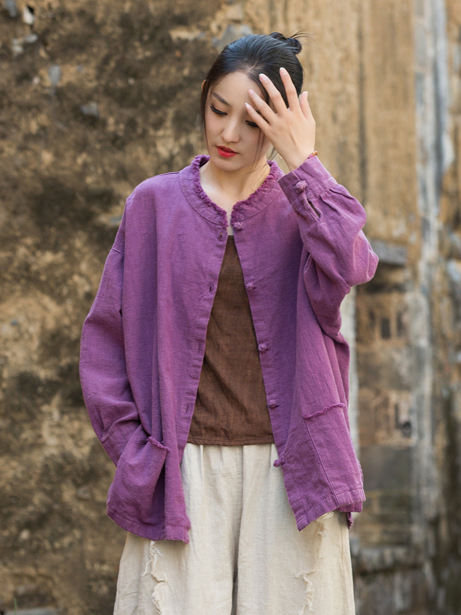 Autumn Ramie Round Neck Brushed Frog Button Casual Shirt