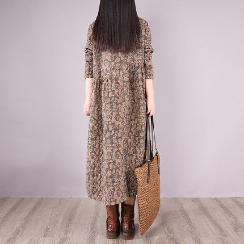 Winter Linen Shirt Collar Long Sleeves Floral Printed Cotton-In Dress