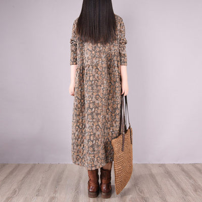 Winter Linen Shirt Collar Long Sleeves Floral Printed Cotton-In Dress