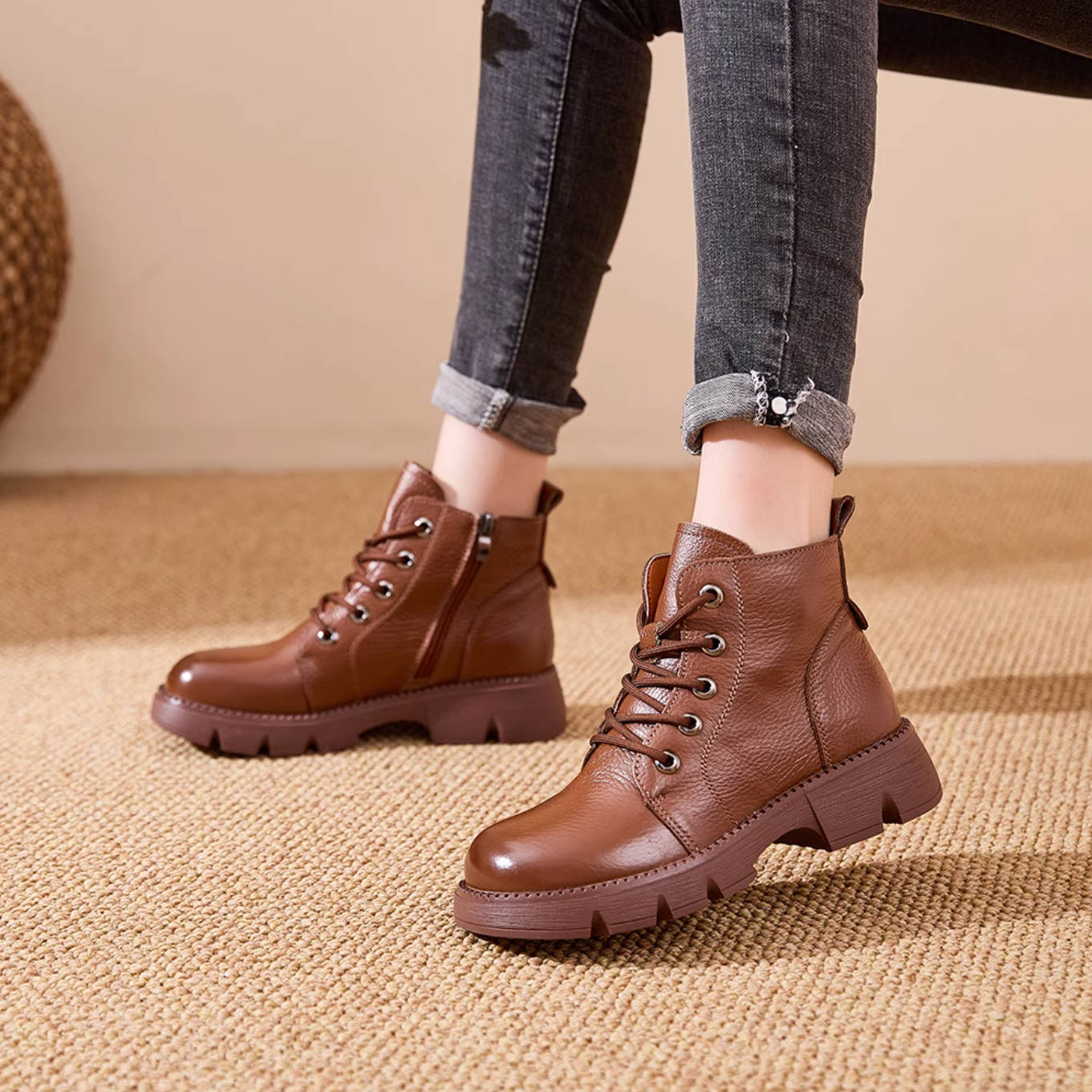Autumn Top Grain Leather Retro Platform Chunky Ankle Boots