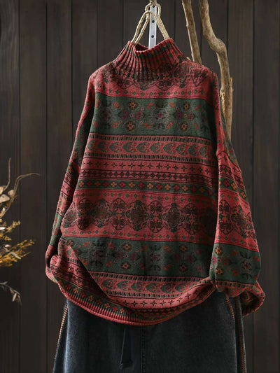 Winter Cotton Warm High Neck Printed Loose Plus Size Sweater