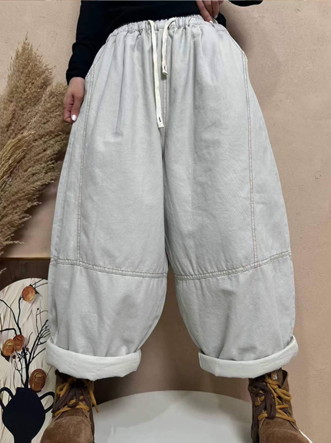 Winter Warm Cotton Thick Elastic Waist Lace-Up Loose Pants
