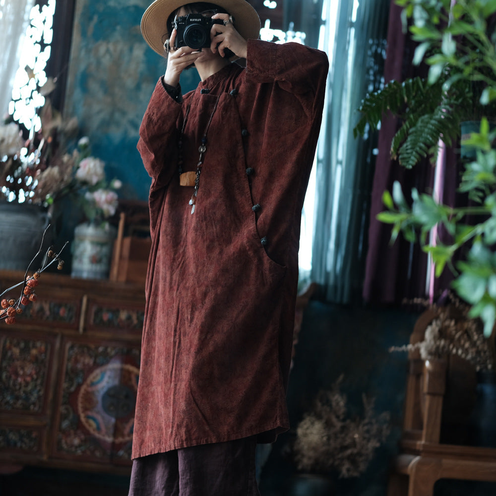 Retro Autumn Plus Size Cotton Stand Collar Red Long Dress