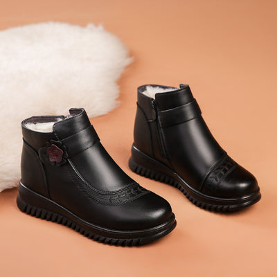 Babakud Women Winter Vintage Leather Flower Wool Short Boots