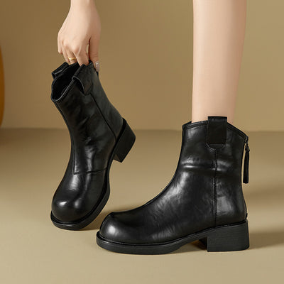 Vintage Top Leather Simple Chunky Casual Zipper Ankle Boots