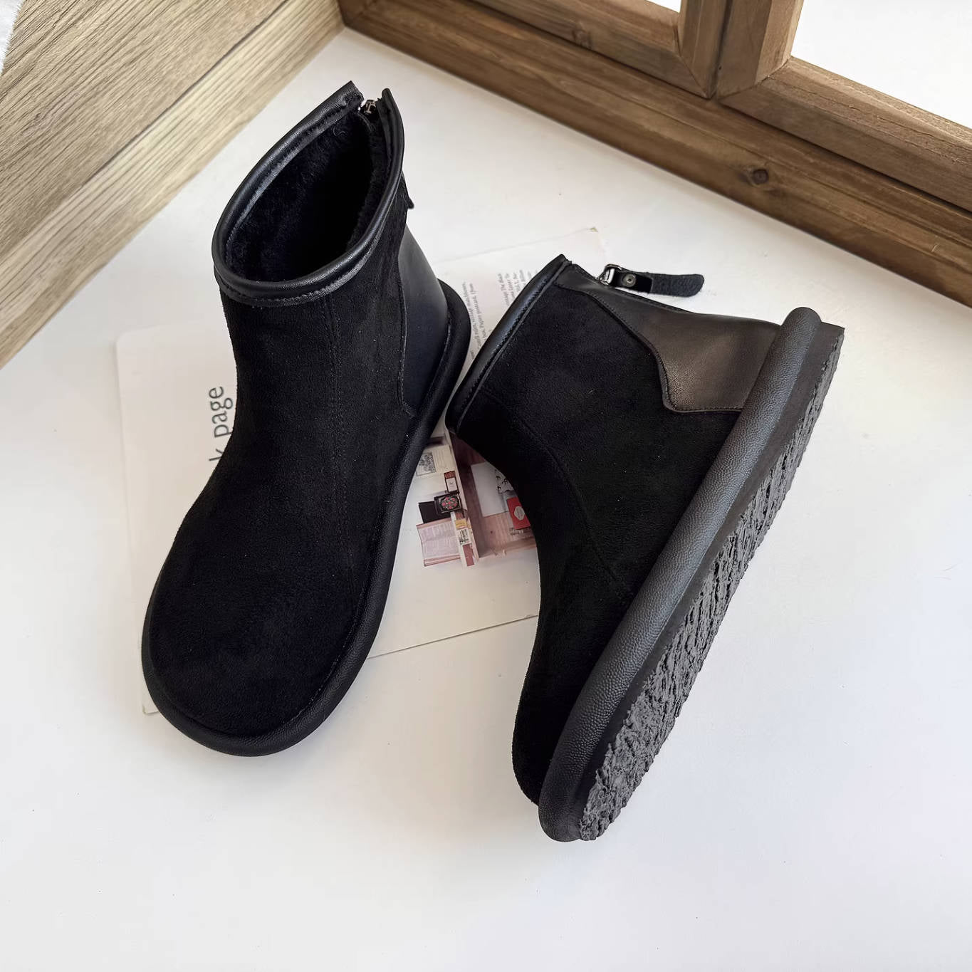 Vintage Simple Leather Sueded Zipper Casual Fleece-Lined Ankle Boots