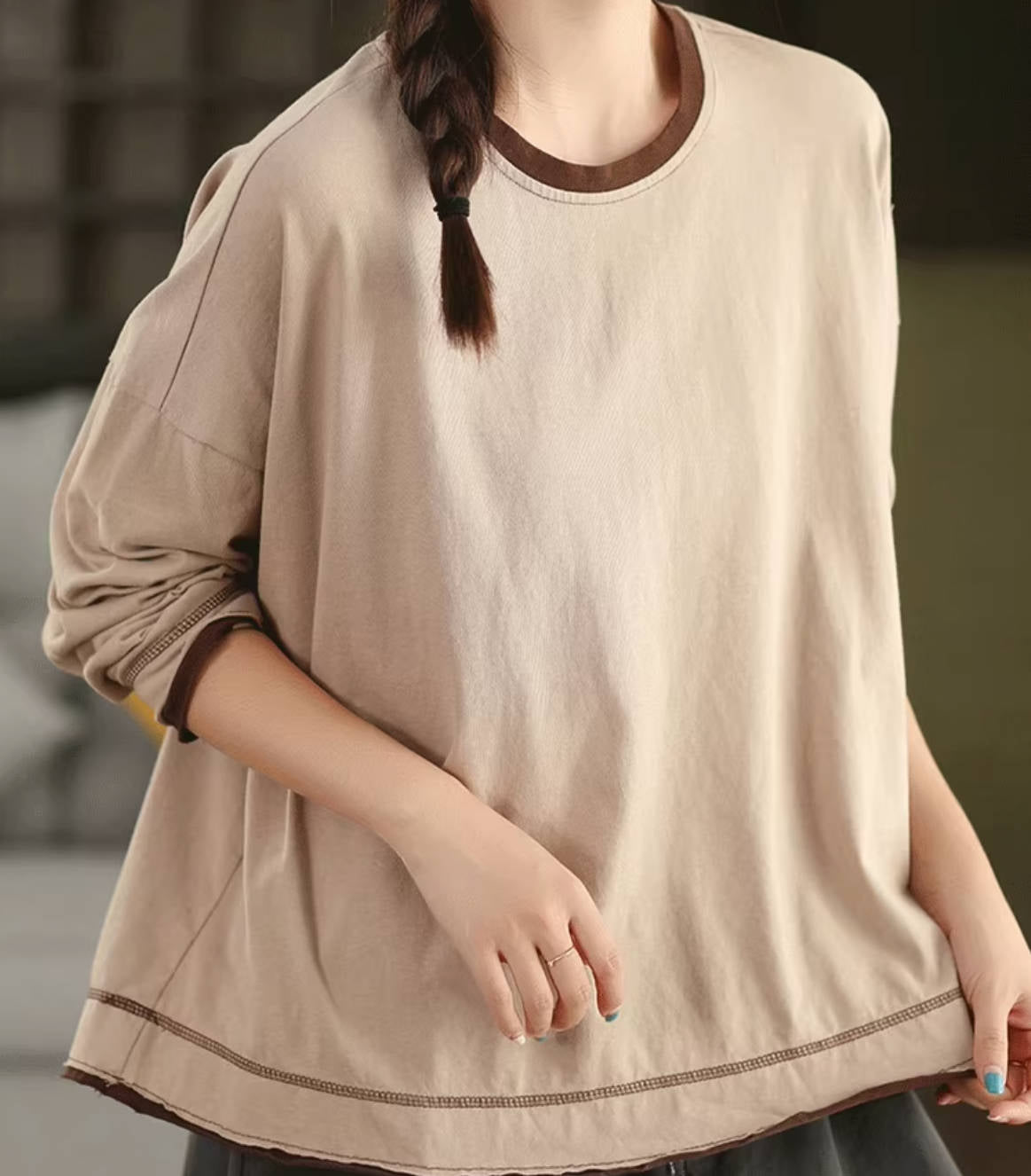 Women 100% Cotton Round Neck Patchwork Long Sleeves Pullover