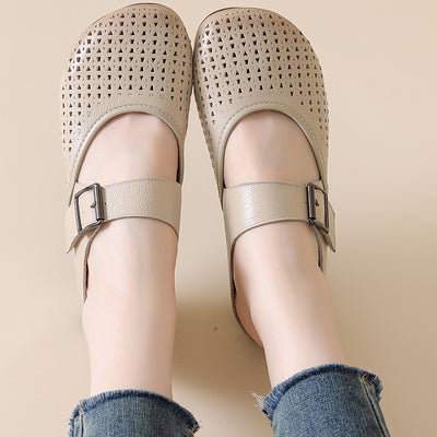 Retro Top Leather Round Toe Hollow One Straped Slip-On Shoes