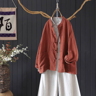 Autumn Linen Chinese Round Neck Frog Button Loose Shirt