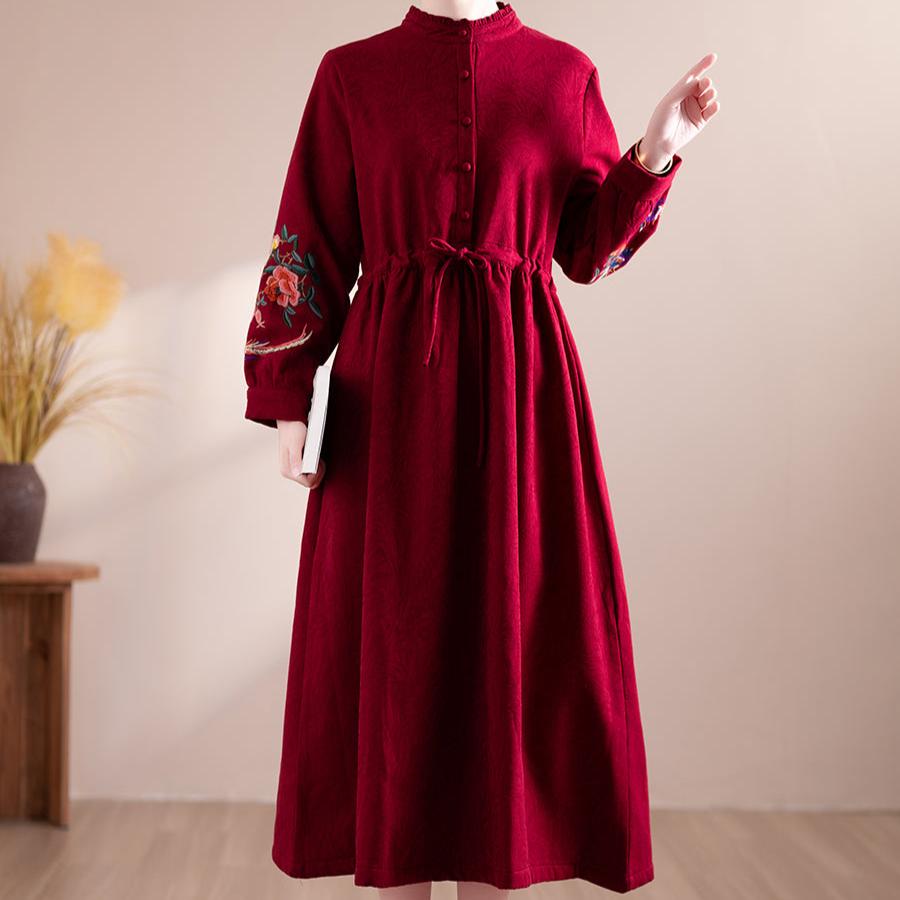 Women Winter Floral Embroidered Fleece-Lined Midi Dress