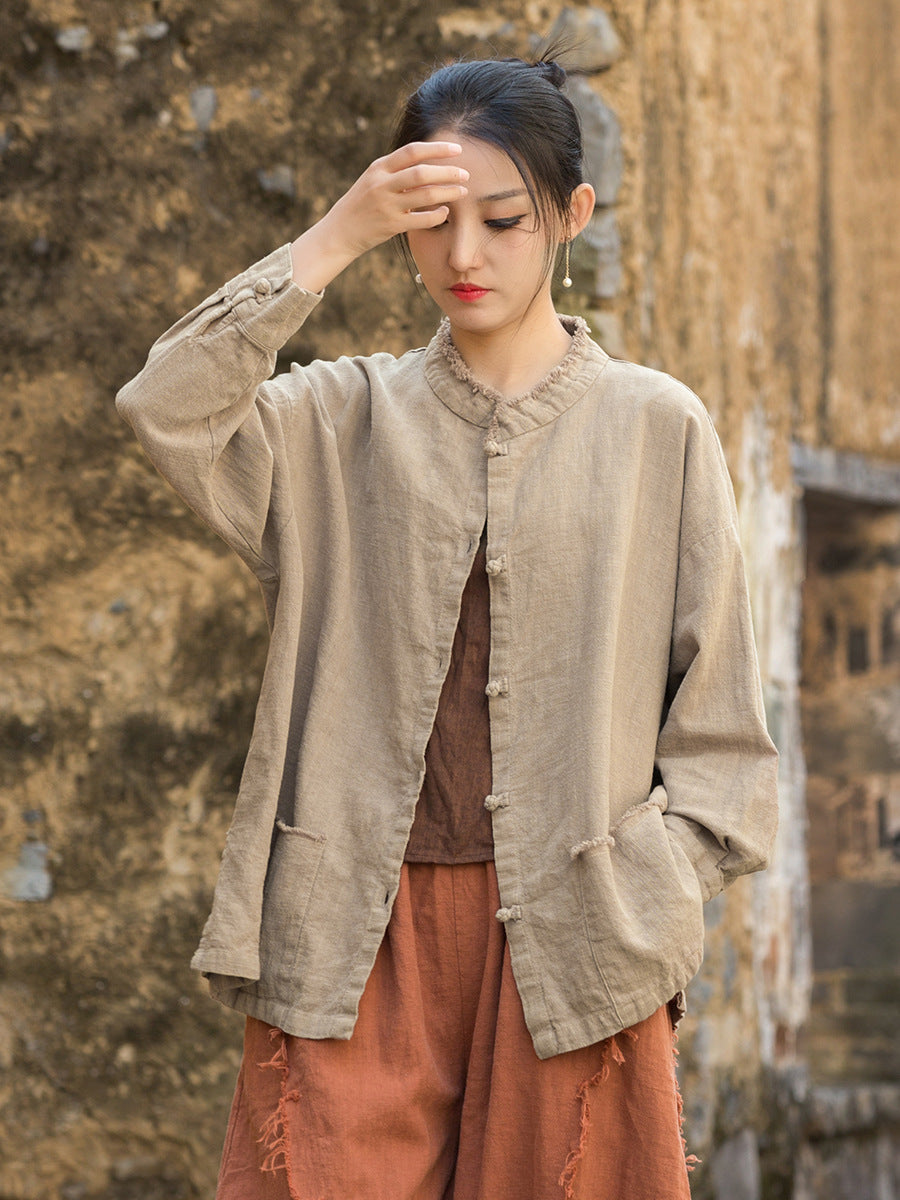 Autumn Ramie Round Neck Brushed Frog Button Casual Shirt