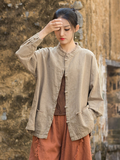 Autumn Ramie Round Neck Brushed Frog Button Casual Shirt