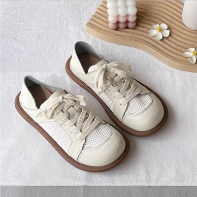 Top Leather Retro Soft Sole Mesh Patchwork Lace-Up Flat Shoes